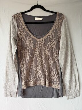 Cream Womens Lagenlook Mixed Media Long Sleeve Top L Lace Linen Cotton Neutral